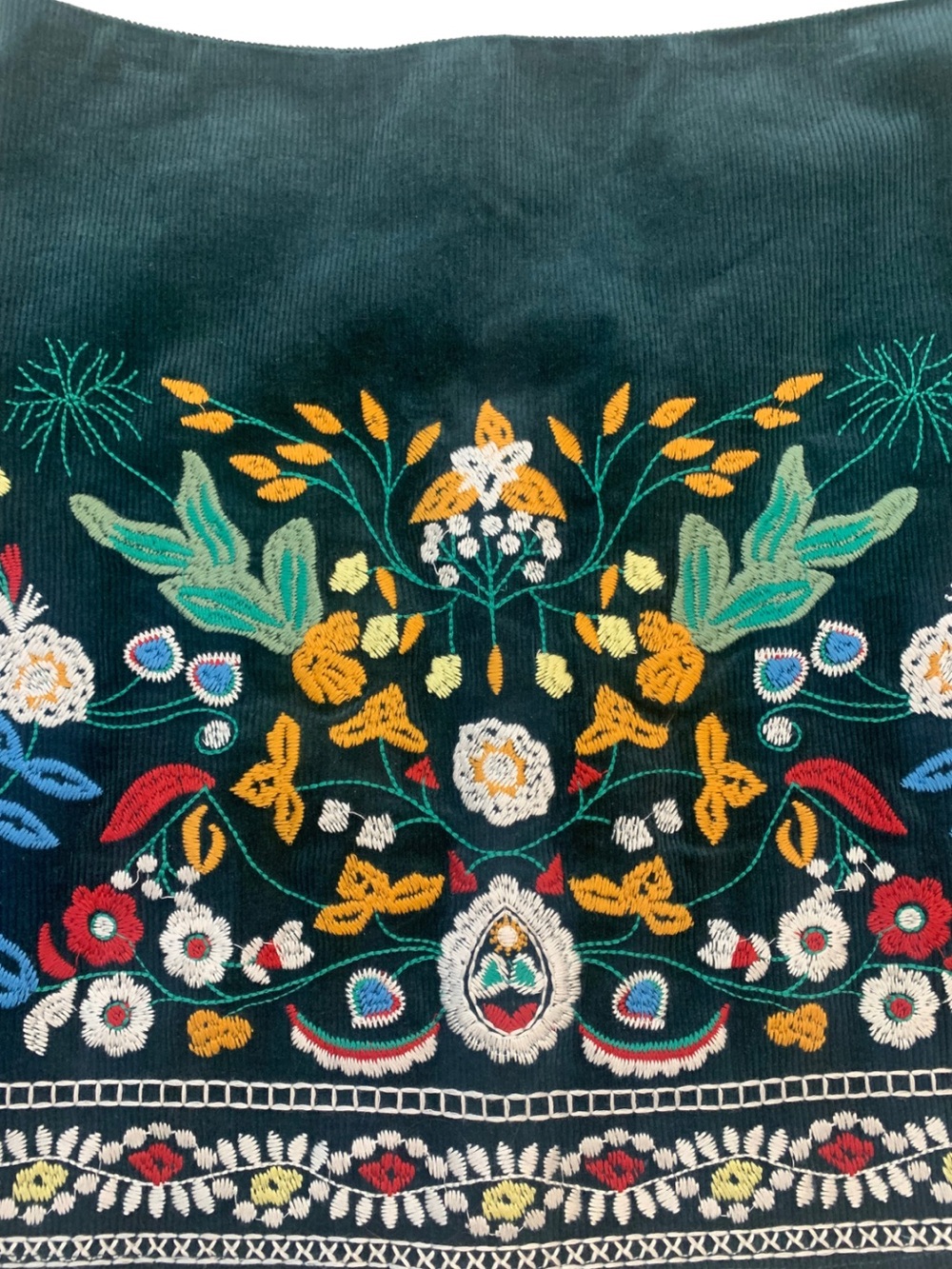 Simplee Green Embroidered Floral Corduroy Short Skirt Boho Retro 70s Hippie Mini - Picture 2 of 8